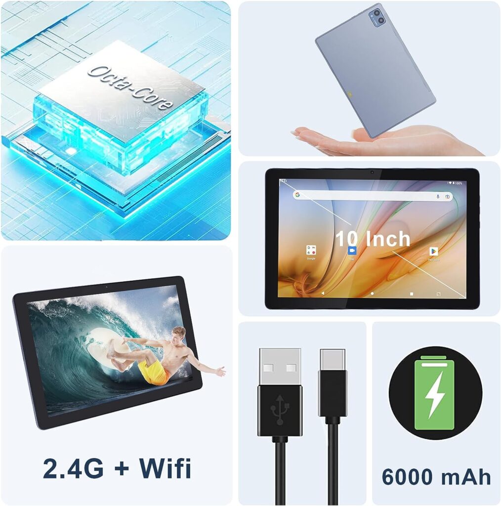 10 Inch Big Tablets,Android 12 Face Recognition Google Smart Gaming 3GB Ram 64GB ROM Dual Cameras WiFi Reading Cheap Tablets Pc for Adults (Grey)