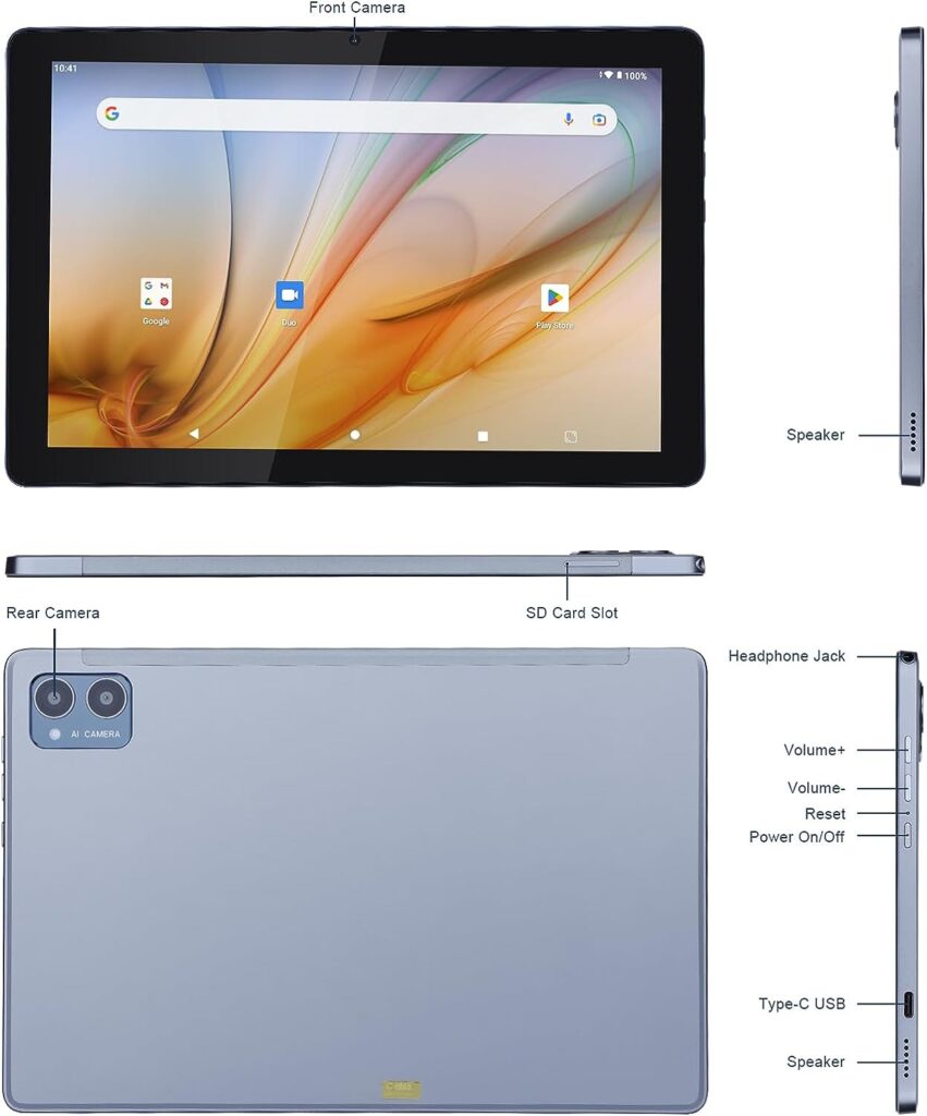 10 Inch Big Tablets,Android 12 Face Recognition Google Smart Gaming 3GB Ram 64GB ROM Dual Cameras WiFi Reading Cheap Tablets Pc for Adults (Grey)