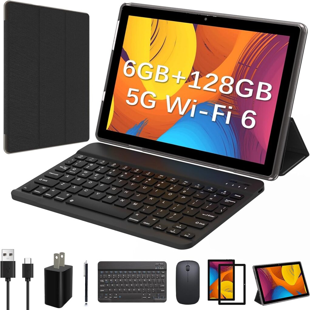 2023 Newest 2 in 1 Tablet 10 inch, 6GB RAM 128GB ROM +1TB Expand Computer Tablet Android 11, 2.4Ghz+5Ghz+WIFI 6, 2+8 Dual Camera, 6000mAh Battery, Bluetooth 5.0 Tablets with Keyboard, Case, Stylus