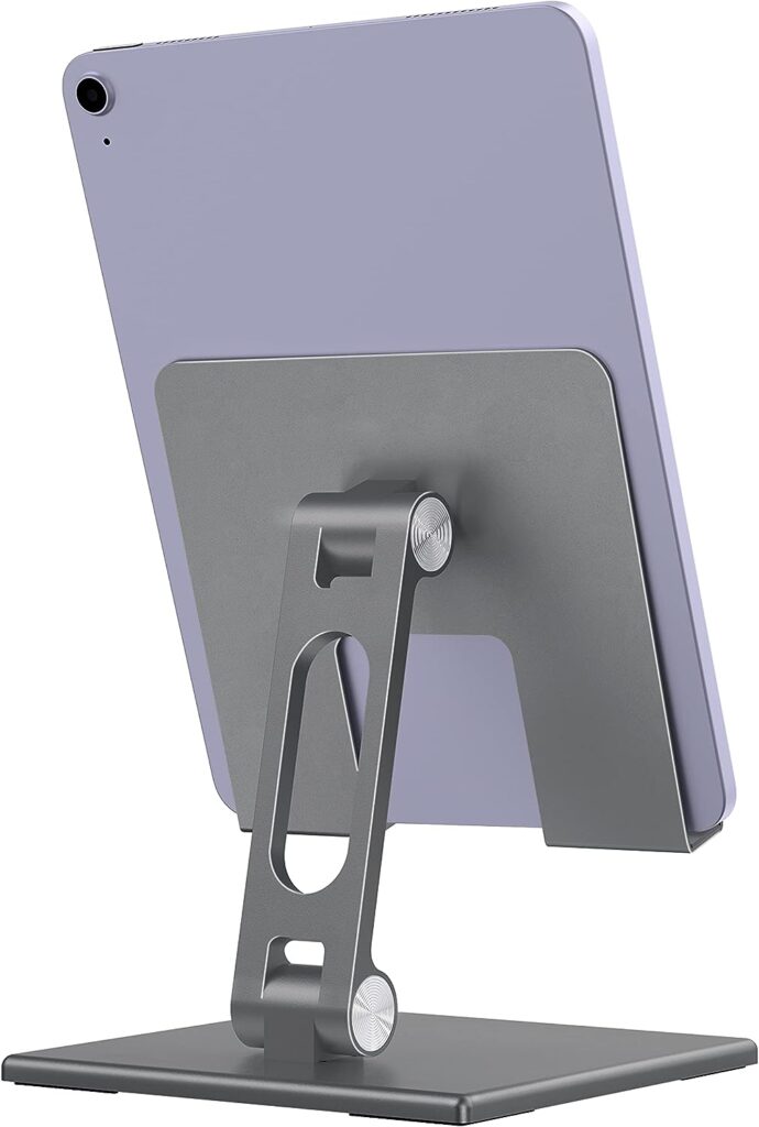 ALASHI Tablet Stand for Desk, Stable Tablet Holder with Heavy and Thickened Metal Base for Large Tablet Device, Multi-Angles Adjustable and Foldable, Universal Supports 4-13.3 Inches Tablet, Gray