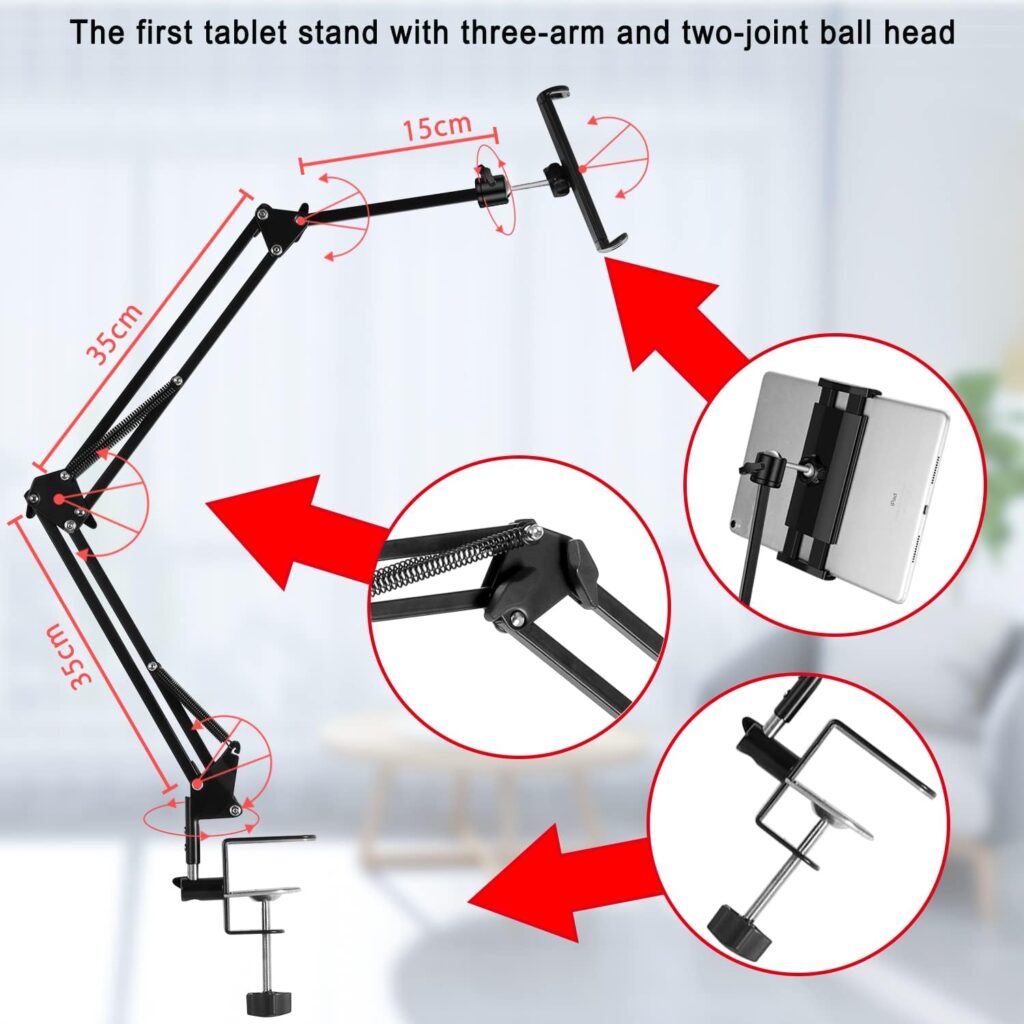 ASWINN Tablet Stand, Adjustable ipad Stand for Bed, Carbon Steel Stand with 360° Rotation, Flexible Tablet arm Stand Compatible with iPad Pro, iPad, Galaxy Tab, iPhone4.5~12.9 Inch Devices (Black)