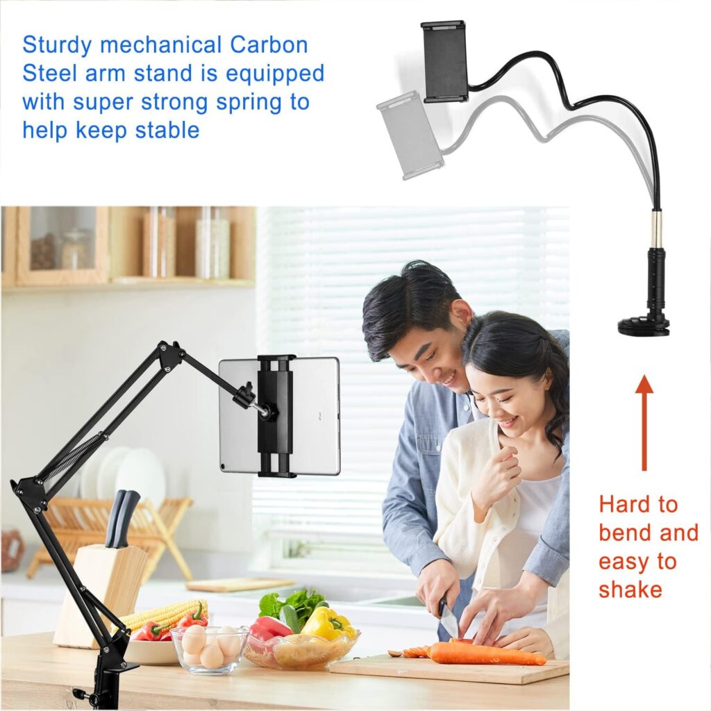 ASWINN Tablet Stand, Adjustable ipad Stand for Bed, Carbon Steel Stand with 360° Rotation, Flexible Tablet arm Stand Compatible with iPad Pro, iPad, Galaxy Tab, iPhone4.5~12.9 Inch Devices (Black)