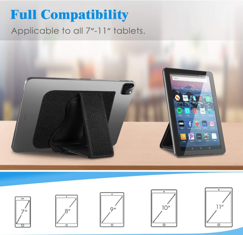 Fintie Universal Tablet Hand Strap Holder - [Dual Stand Supports] Detachable Padded Hook  Loop Fastening Handle Grip with Adhesive Patch for iPad/Galaxy Tab and All 7-11 Tablets, Black