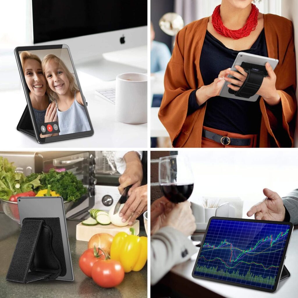 Fintie Universal Tablet Hand Strap Holder - [Dual Stand Supports] Detachable Padded Hook  Loop Fastening Handle Grip with Adhesive Patch for iPad/Galaxy Tab and All 7-11 Tablets, Black