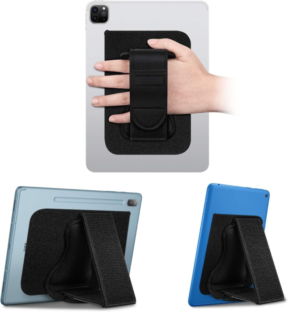 Fintie Universal Tablet Hand Strap Holder - [Dual Stand Supports] Detachable Padded Hook  Loop Fastening Handle Grip with Adhesive Patch for iPad/Galaxy Tab and All 7-11 Tablets, Black