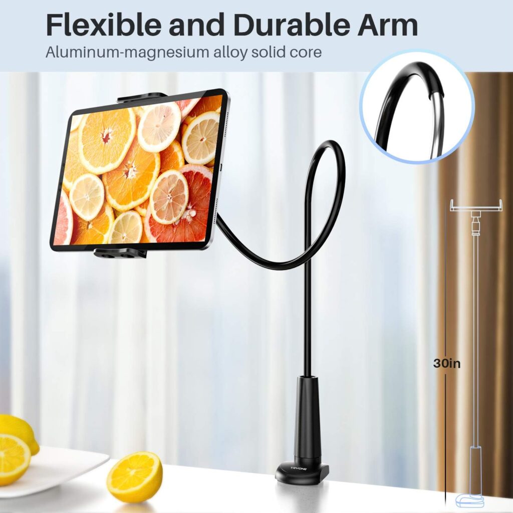 Gooseneck Tablet Holder Stand for Bed: Tryone Adjustable Flexible Arm Tablets Mount Clamp on Table Compatible with iPad Air Mini | Galaxy Tabs | Kindle Fire | Switch or Other 4.7 -10.5 Devices