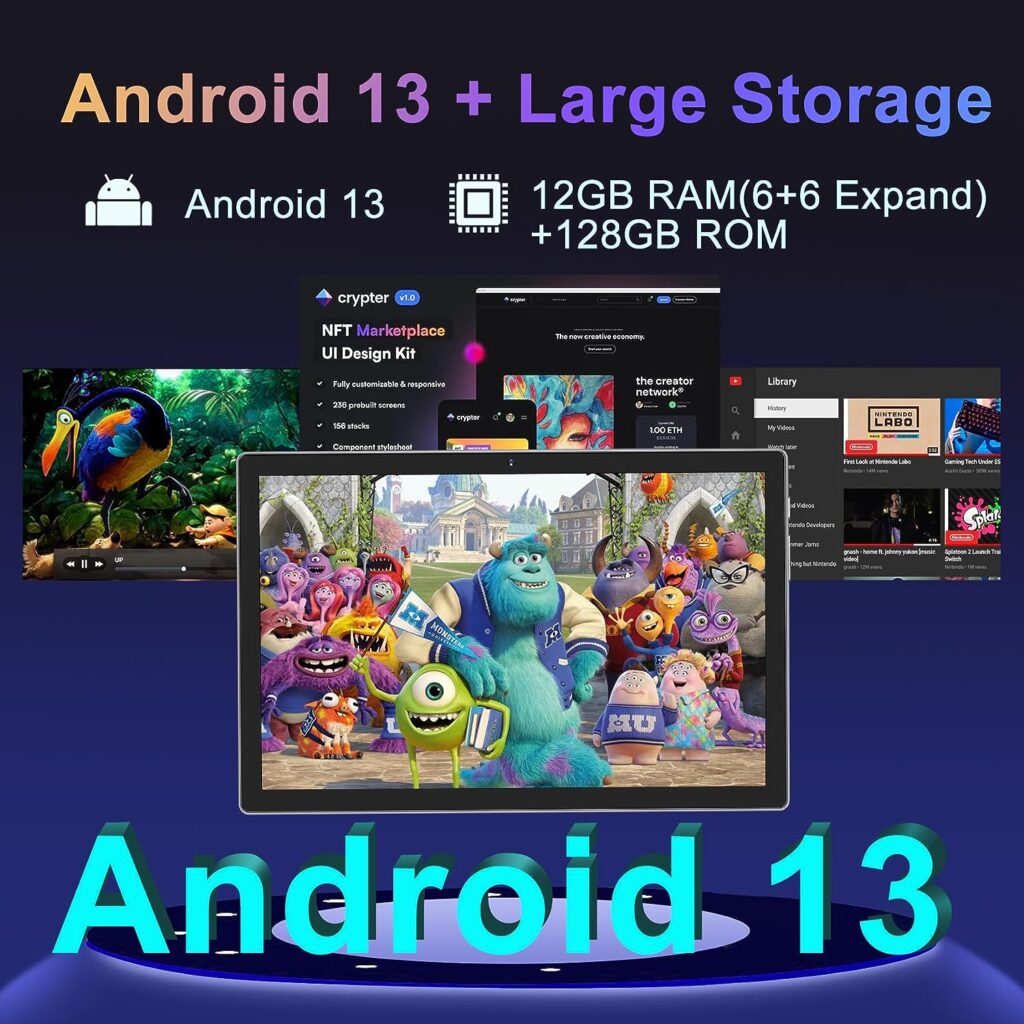 Oangcc Android 13 Tablet 10 Inch 𝟐𝟎𝟐𝟑 𝐋𝐚𝐭𝐞𝐬𝐭 with 12GB(6+6 Expand)+128GB Keyboard Mouse Stylus WiFi Bluetooth GPS 512GB Expand Support, Dual Camera Computer Tablets with Case - Gray