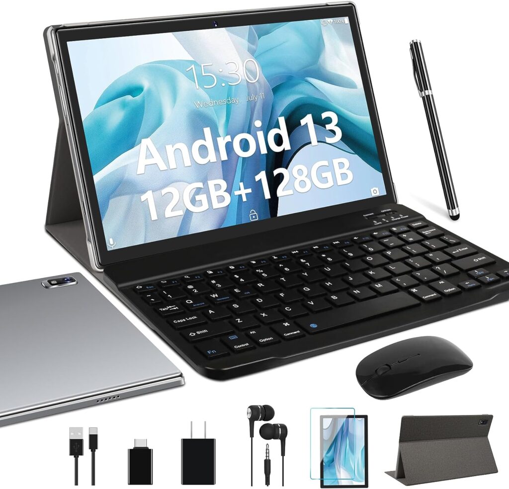 Oangcc Android 13 Tablet 10 Inch 𝟐𝟎𝟐𝟑 𝐋𝐚𝐭𝐞𝐬𝐭 with 12GB(6+6 Expand)+128GB Keyboard Mouse Stylus WiFi Bluetooth GPS 512GB Expand Support, Dual Camera Computer Tablets with Case - Gray