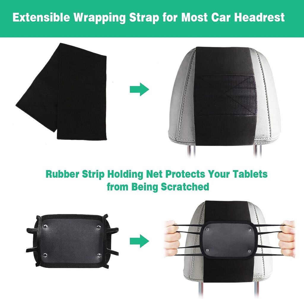 WONNIE Upgrade Tablet Holder for Car, Car Headrest Mount Holder for Backseat, Headrest Mount for Kids Tablets with Anti-Slip Strap  Silicone Holding Net/Fits All 𝟳-𝟭𝟮.𝟵 Tablets