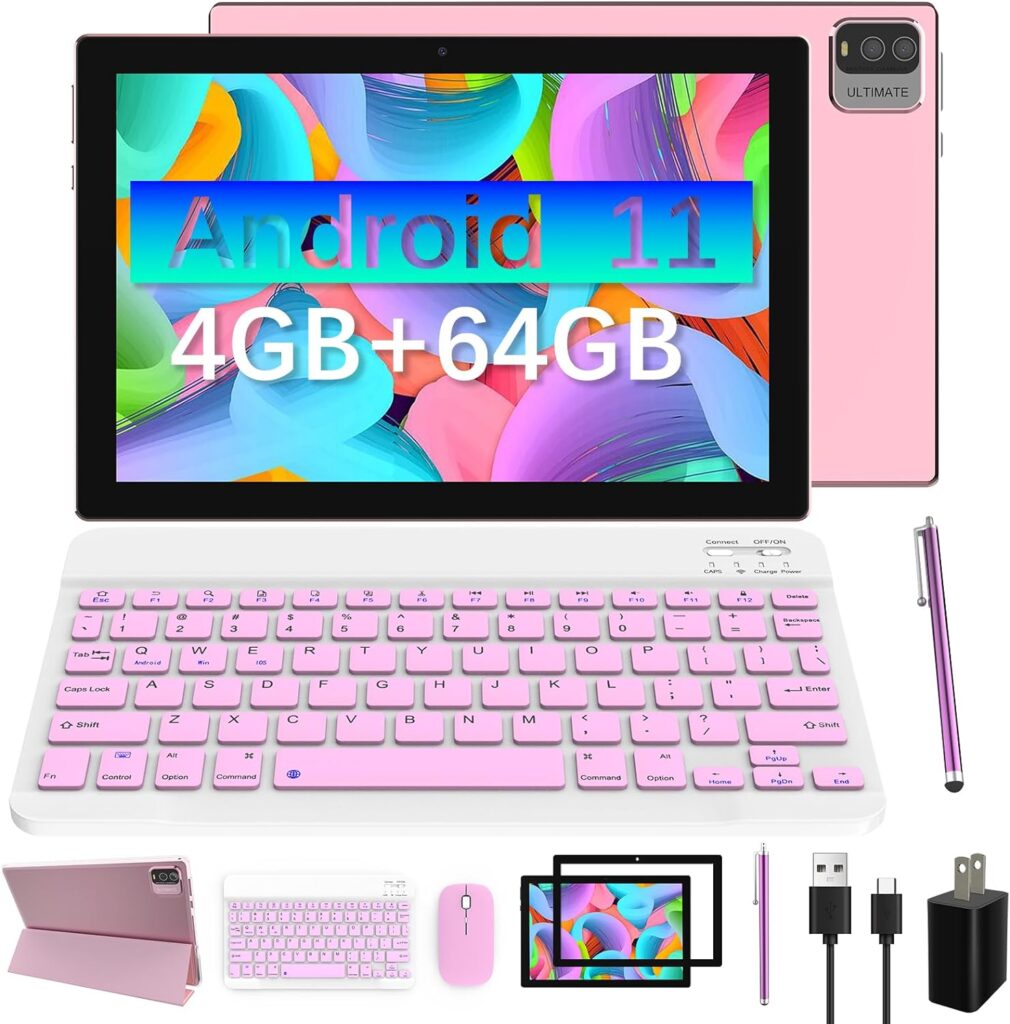 2 in 1 Tablet, 10 inch Android 11 Tablet with Keyboard 4GB+64GB+512GB Expandable Dual Camera, IPS Touch Screen Tablet Computer, WiFi, Bluetooth, Long Battery Life, Google Certified Tablet PC, Pink