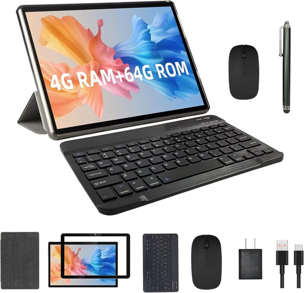 2023 Newest 2 in 1 Tablet, 10 inch Android 11 Tablet with Keyboard, 4GB+64GB, Tablets with Case Mouse Stylus, 1.8GHz Quad Core, 1280*800 HD Touch Screen, 8MP Dual Camera, Games, Wi-Fi, BT Tableta PC