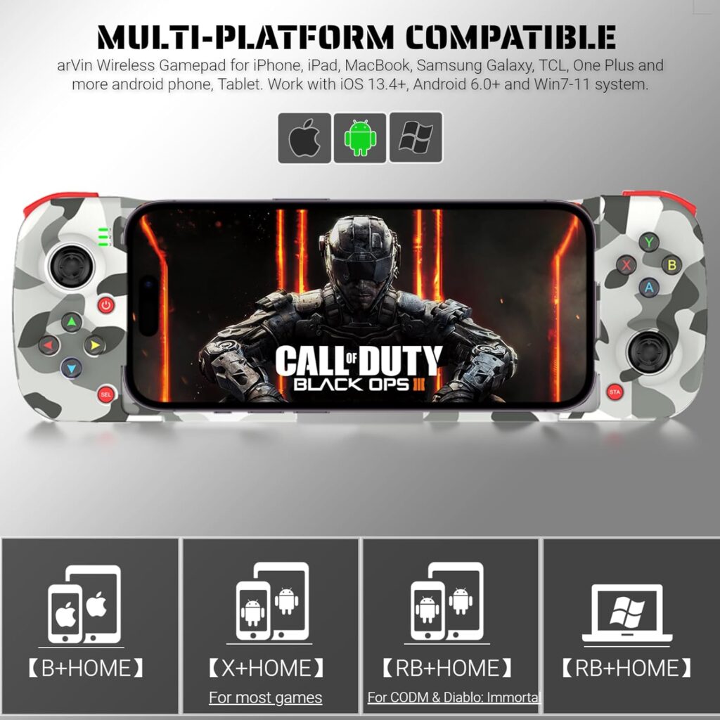 arVin Wireless Gaming Controller for iPhone Android Gamepad Joystick for iPhone 14/13/12/11, iOS, iPad, MacBook, Samsung Galaxy S22/S21/S20, TCL, Tablet, PC, Call of Duty Mobile -with Back Button