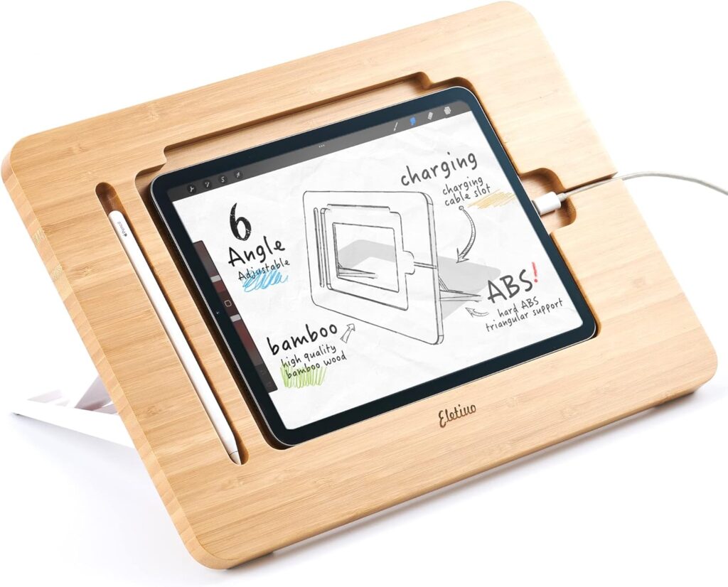 ELETIUO Adjustable Tablet Stand with PencilCharger Cable Slot,Bamboo Wooden Stand with Multiple Angles,Organizer Desktop Holder for Drawing,Compatible with ipads(Support to 9.7-11 Devices)