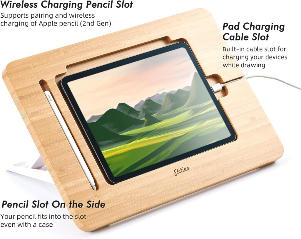 ELETIUO Adjustable Tablet Stand with PencilCharger Cable Slot,Bamboo Wooden Stand with Multiple Angles,Organizer Desktop Holder for Drawing,Compatible with ipads(Support to 9.7-11 Devices)