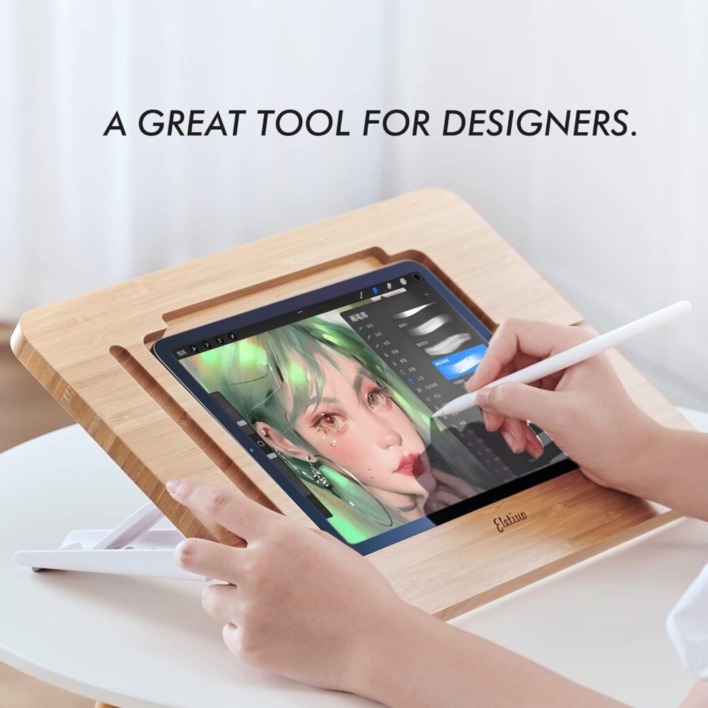 ELETIUO Adjustable Tablet Stand with PencilCharger Cable Slot,Bamboo Wooden Stand with Multiple Angles,Organizer Desktop Holder for Drawing,Compatible with ipads(Support to 9.7-11 Devices)