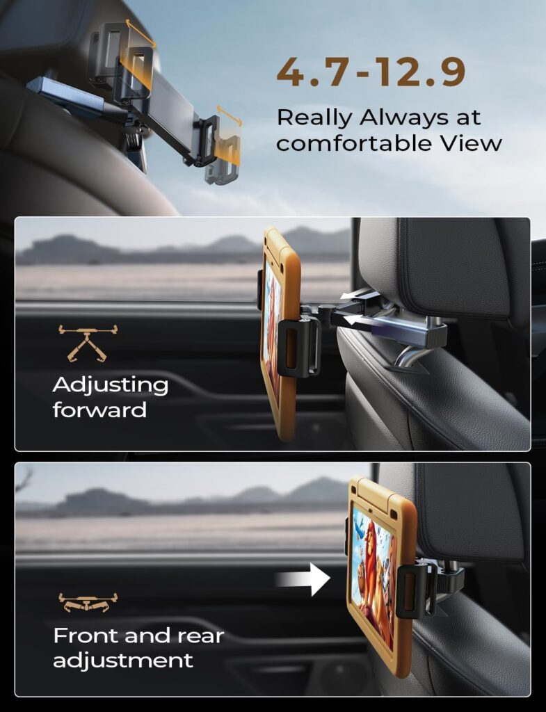 LISEN Tablet iPad Holder for Car Mount Headrest-iPad Car Holder Back Seat Travel Accessories Car Tablet Holder Mount Road Trip Essentials for Kids Adults Fits All 4.7-12.9 Devices  Headrest Rod