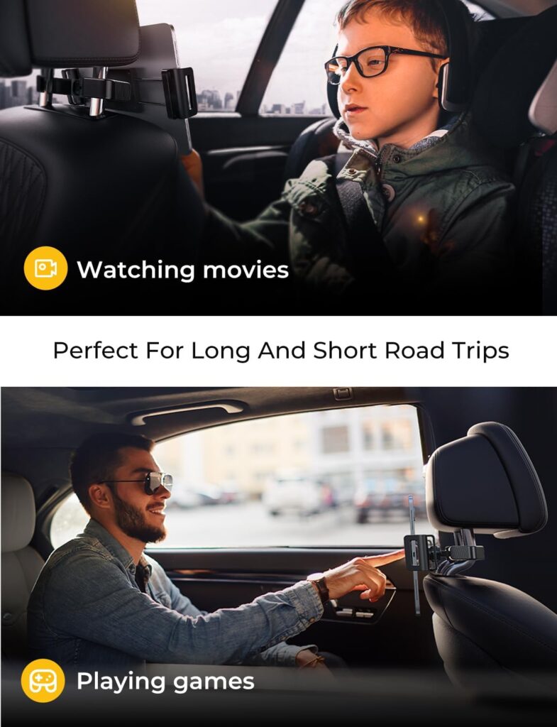 LISEN Tablet iPad Holder for Car Mount Headrest-iPad Car Holder Back Seat Travel Accessories Car Tablet Holder Mount Road Trip Essentials for Kids Adults Fits All 4.7-12.9 Devices  Headrest Rod