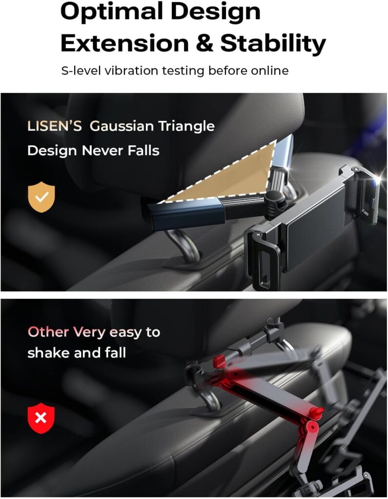LISEN Tablet iPad Holder for Car Mount Headrest-iPad Car Holder Back Seat Travel Accessories Car Tablet Holder Mount Road Trip Essentials for Kids Adults Fits All 4.7-12.9 Devices  Headrest Rod