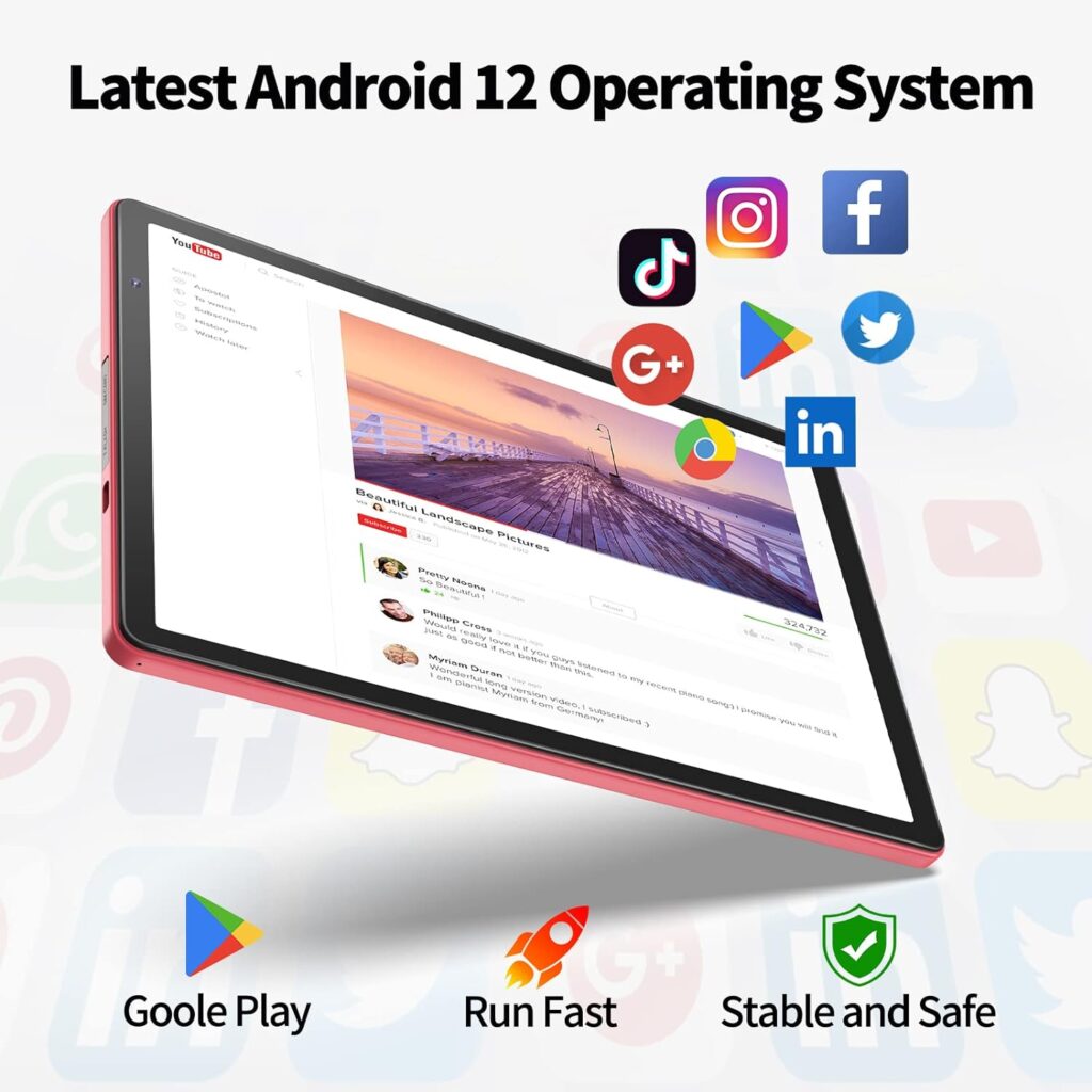 NEWISION 10 Inch Tablet with Case,Android 12 Tablet PC, Wi-Fi 6 Tablet PC,1.6Ghz 4-core CPU,2GB RAM 32GB ROM 1TB Expandable,6000mAh Battery,1280 * 800 IPS,Dual Speaker,Dual Cameras,Type C(Pink)