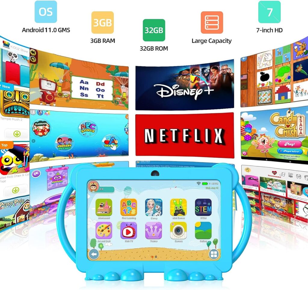 YOBANSE Kids Tablet, 7 inch Tablet for Kids 3GB RAM 32GB ROM Android 11.0 Toddler Tablet with Bluetooth, WiFi, GMS, Parental Control, Dual Camera, Shockproof Case, Educational, Games(Blue)