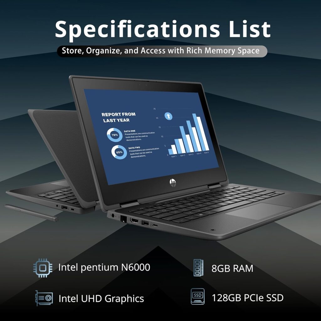 HP 2022 11.6 Pro x360 Fortis G9 Multi-Touch 2-in-1 Laptop, Intel pentium N6000 Processor, 8GB RAM, 128GB SSD, Intel UHD Graphics, 720p Webcam, Stylus Pen, Win 10 Pro, Black.