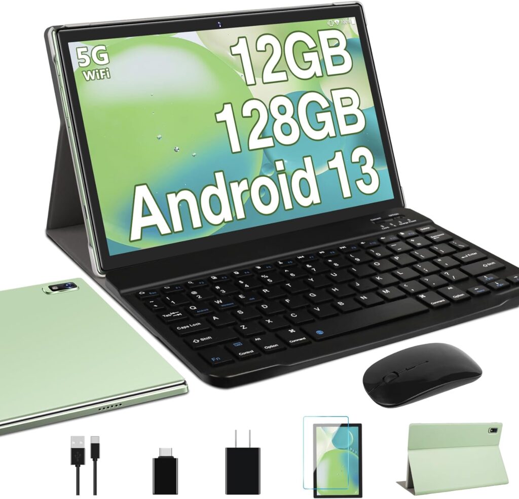 Oangcc Android 13 Tablet 10 Inch 𝟐𝟎𝟐𝟑 𝐋𝐚𝐭𝐞𝐬𝐭 with 12GB(6+6 Expand)+128GB Keyboard Mouse WiFi Bluetooth GPS 512GB Expand Support, Dual Camera Computer Tablets with Case - Green