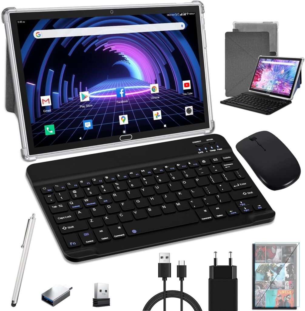 Tablet with Keyboard, Android 2 in 1 Tablets, 2023 Newest 10.1 inch Tablet HD, 4GB RAM 64GB ROM 256GB Expandable, Octa-Core Processor, WiFi, GPS, Bluetooth, Google Certified Tablet PC