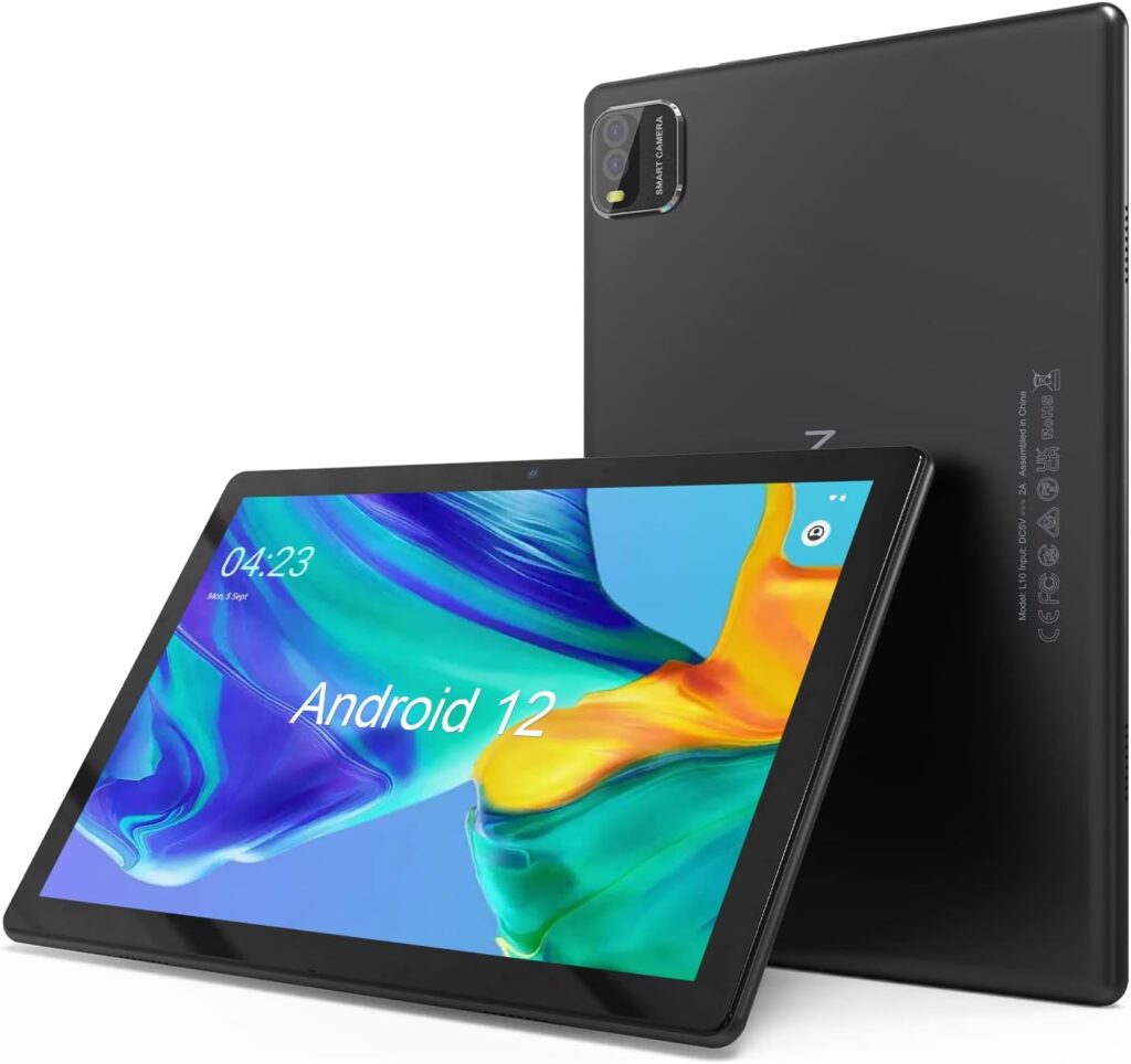 10.1 Inch Android 12 Tablet pc,64GB ROM 256GB Expand,Quad-Core Tablets,IPS HD Touch Screen and Dual Speaker,Google Certificated Wi-Fi Tablets,8MP+2MP Camera,6000mAh Long Battery Life（Black）