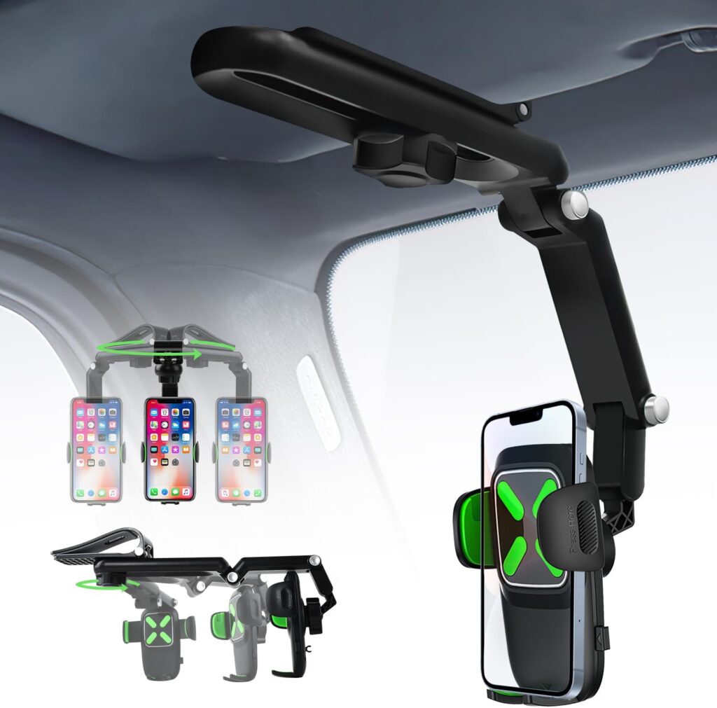 1080°Rotatable and Retractable Car Phone Holder,Sun Visor Phone Holder for Car,Multifunctional Rear View Mirror Phone Holder,Foldable 360 Rotating Cell Phone Mount for All Mobile Phones (Green)