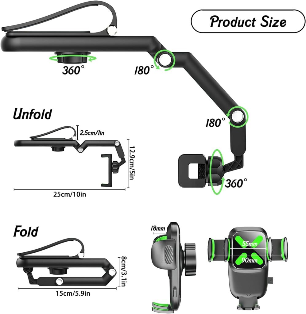 1080°Rotatable and Retractable Car Phone Holder,Sun Visor Phone Holder for Car,Multifunctional Rear View Mirror Phone Holder,Foldable 360 Rotating Cell Phone Mount for All Mobile Phones (Green)