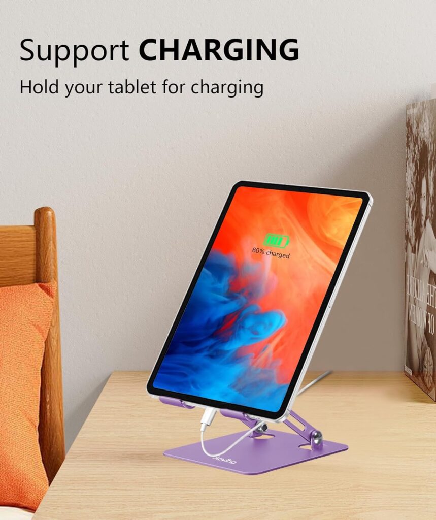 Aoviho Desk Tablet Stand Holder, Adjustable Tablet Holder, Foldable Aluminum Tablet Mount for iPad Samsung Galaxy Tabs Z Fold Kindle Fire,All Tablets (4-13 inch) (Purple)