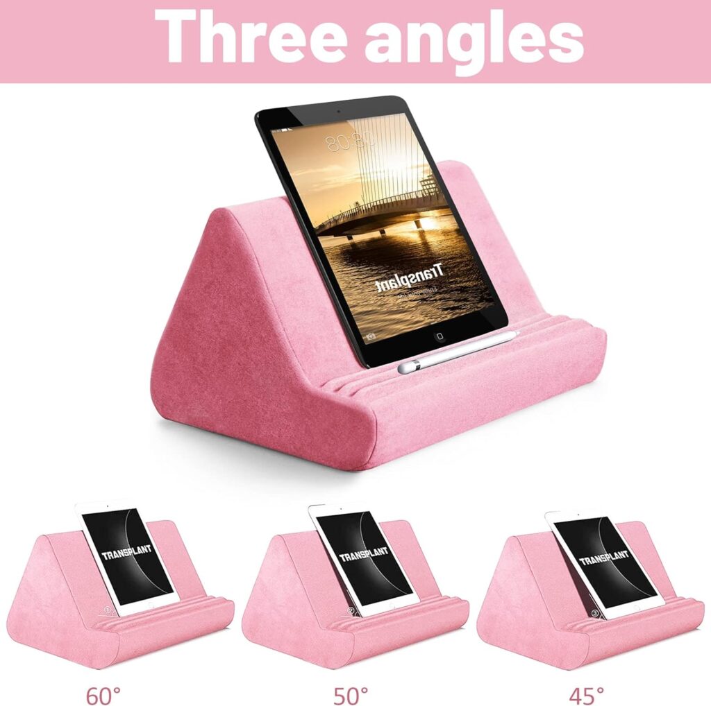 Soft Tablet Stand Pillow with Pocket,Tablet Cushion Stand,Adjustable 3 Viewing Angle,Lazy Holder Stand for Bed Sofa,Compatible with iPads Tablets eReaders Smartphones Books Magazines (Light Pink)