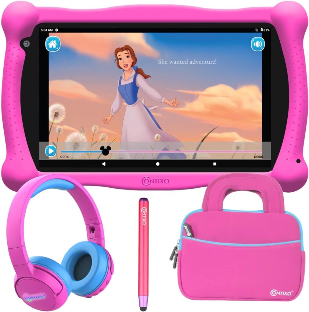 Contixo 7 inch Kids Learning Tablet, Bluetooth Wireless Headphone and Tablet Bag Bundle with Teacher Approved apps and Parent Control for Preprimary Education - Pink Set