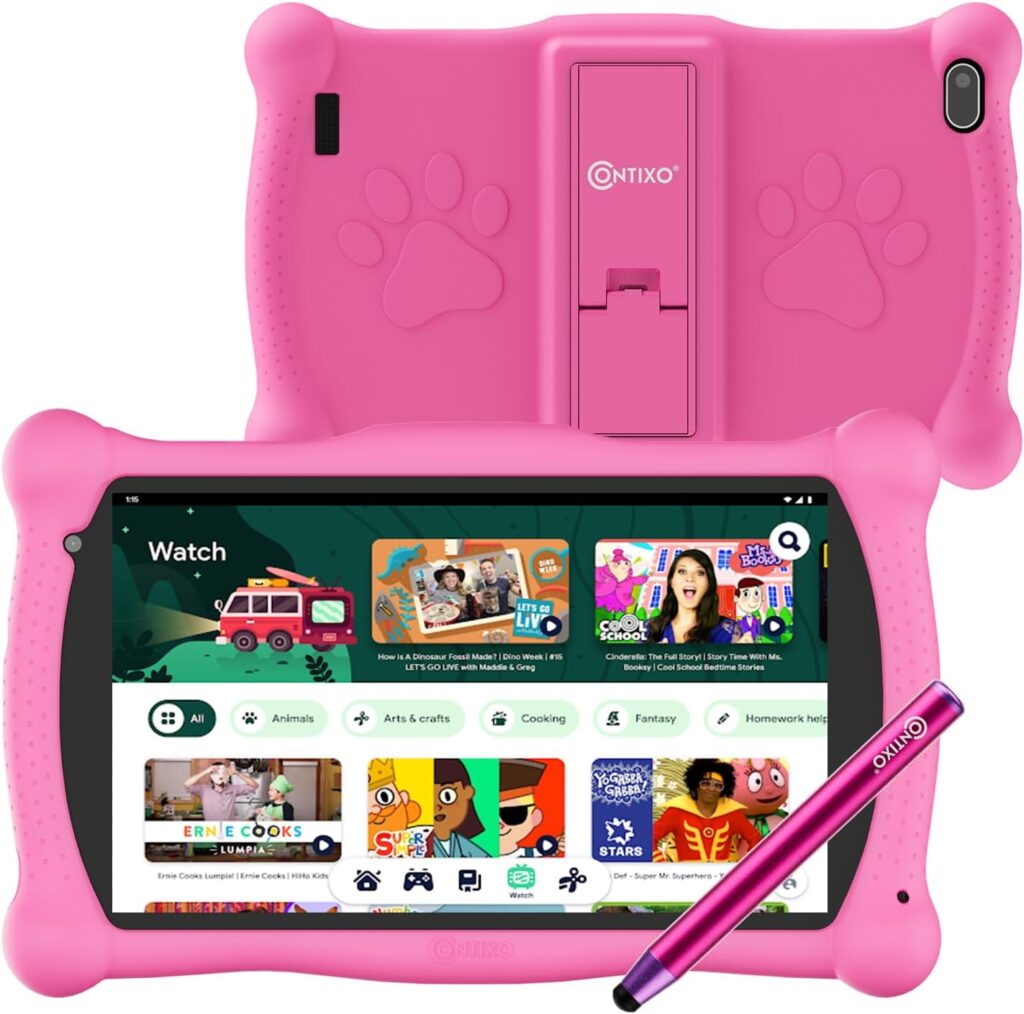 Contixo 7 inch Kids Learning Tablet, Bluetooth Wireless Headphone and Tablet Bag Bundle with Teacher Approved apps and Parent Control for Preprimary Education - Pink Set