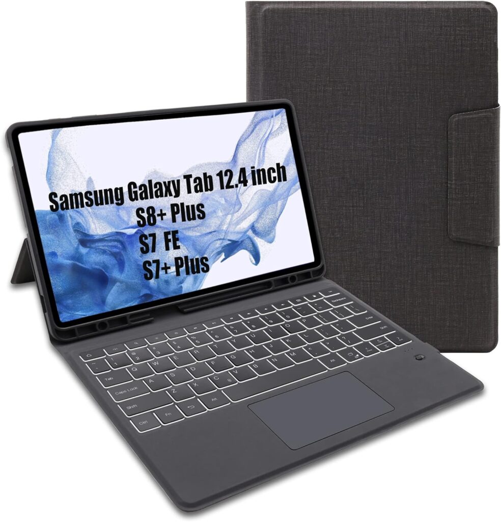 Keyboard Case for Samsung Galaxy Tab S8 Plus/S7 FE/S7 Plus 12.4 inch - Slim Wireless Smart Touch Trackpad Keyboard Folio Tablet Cover - Backlit Keyboard with Kickstand for Tab S8+ / S7 FE/ S7+ Black