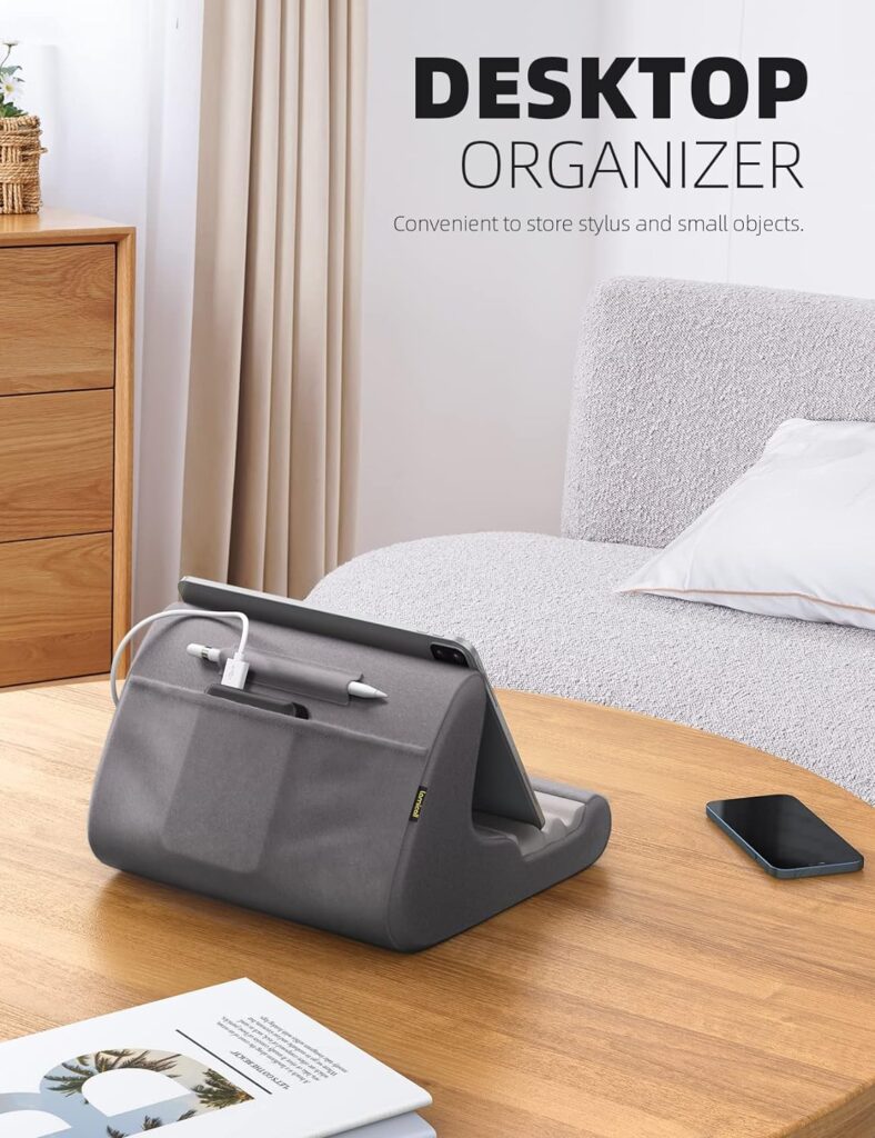 Lamicall Tablet Stand, Tablet Pillow Holder - Soft Pad for Bed, Lap Tablet Dock with Stylus Mount  Pocket, for iPad Pro 12.9, Air, Mini, Kindle, Galaxy Tab and 4-13 Tablet, Dark Grey