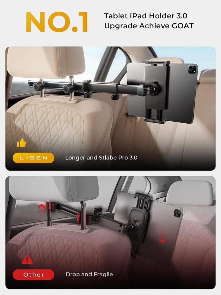 LISEN Tablet Holder for Car Headrest, iPad Holder for Car Mount [Extension Arm] 2023 Car Tablet Holder Back Seat for Kids, Road Trip Essentials for 4.7-11 Tablet iPad Pro, Air, Mini, Galaxy, Fire