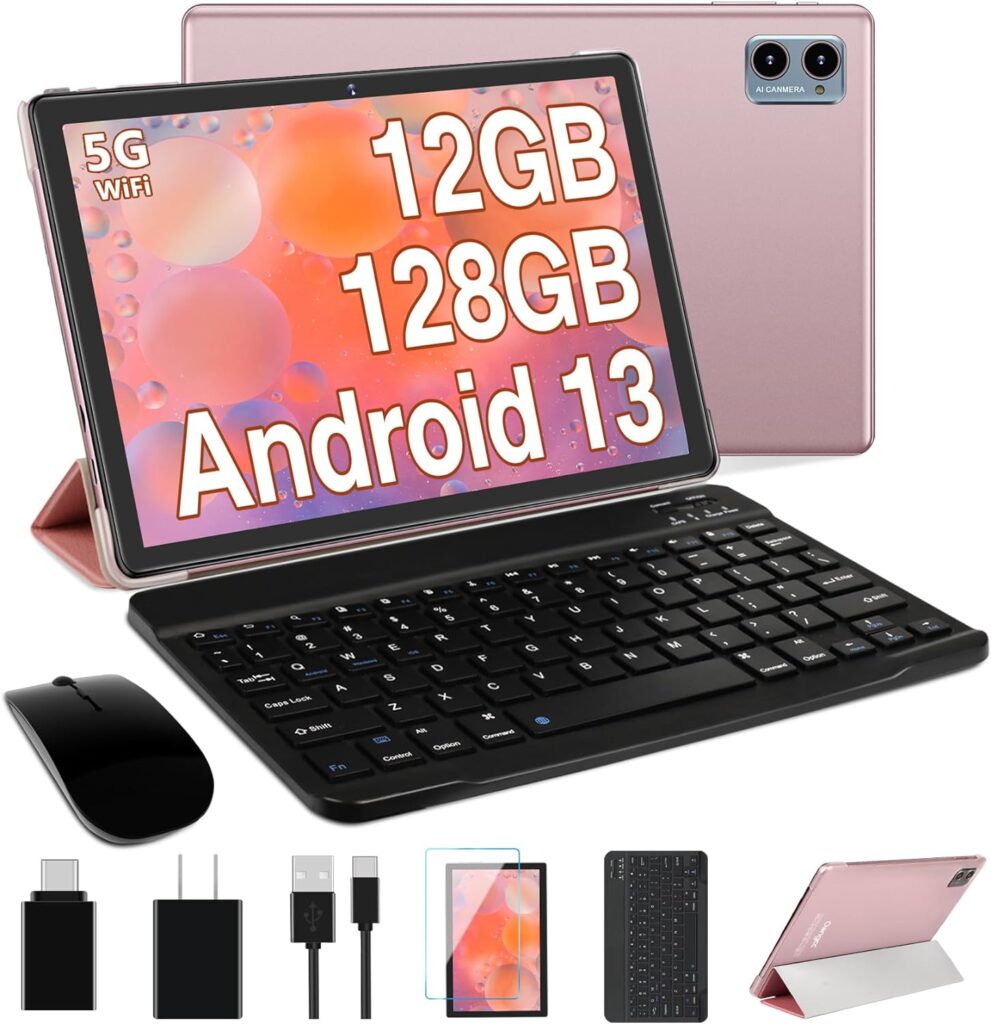 Oangcc Android 13 Tablet 2023 Newest 10 Inch Tablets with 12GB RAM +128GB ROM +1TB Expanded Octa-Core, 2 in 1 Tablet with Keyboard Mouse 5G WiFi Bluetooth GMS Certified GPS - Rose Gold