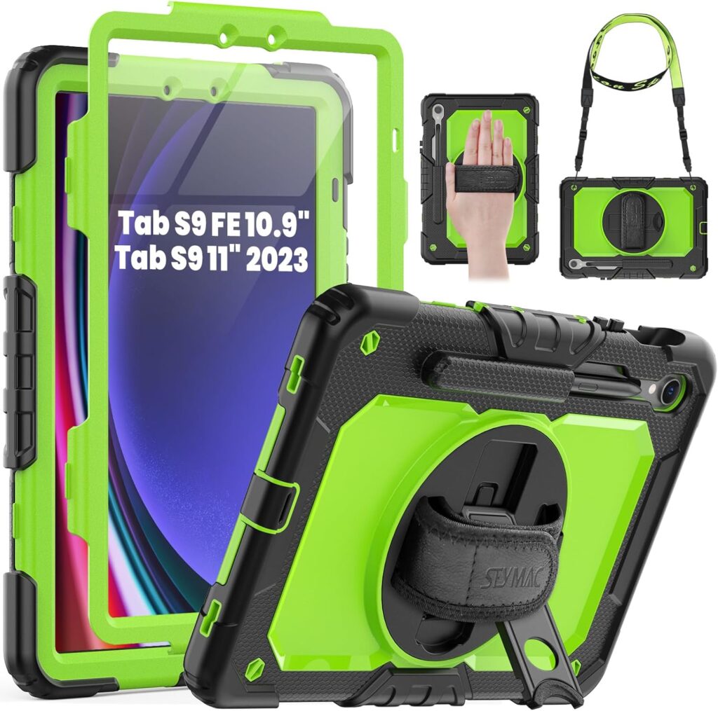 SEYMAC Case for Samsung Galaxy Tab S9 FE/S9 5G Case 2023, Heavy Duty Shockproof Protective Case with Screen Protector, Stand, Hand Strap and Pen Holder for Galaxy Tab S9 FE 10.9/S9 11, Green