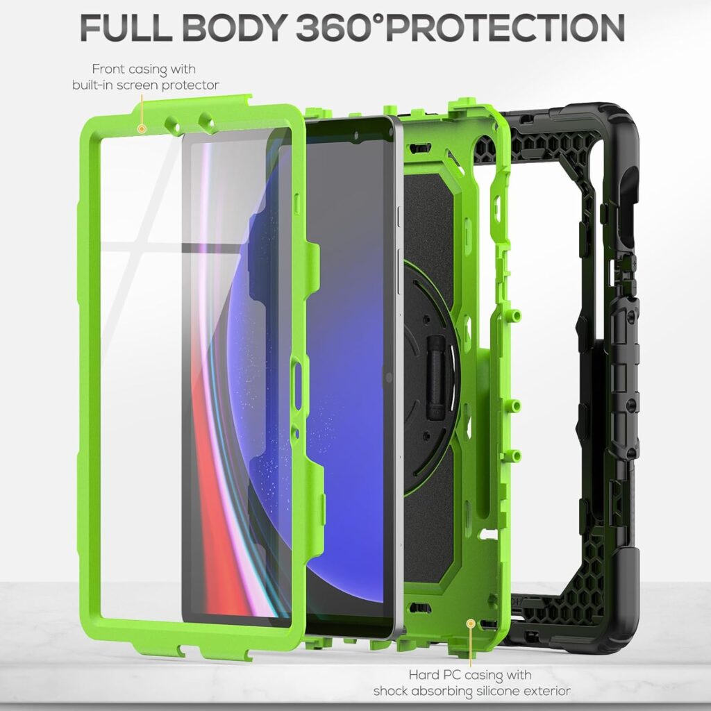 SEYMAC Case for Samsung Galaxy Tab S9 FE/S9 5G Case 2023, Heavy Duty Shockproof Protective Case with Screen Protector, Stand, Hand Strap and Pen Holder for Galaxy Tab S9 FE 10.9/S9 11, Green