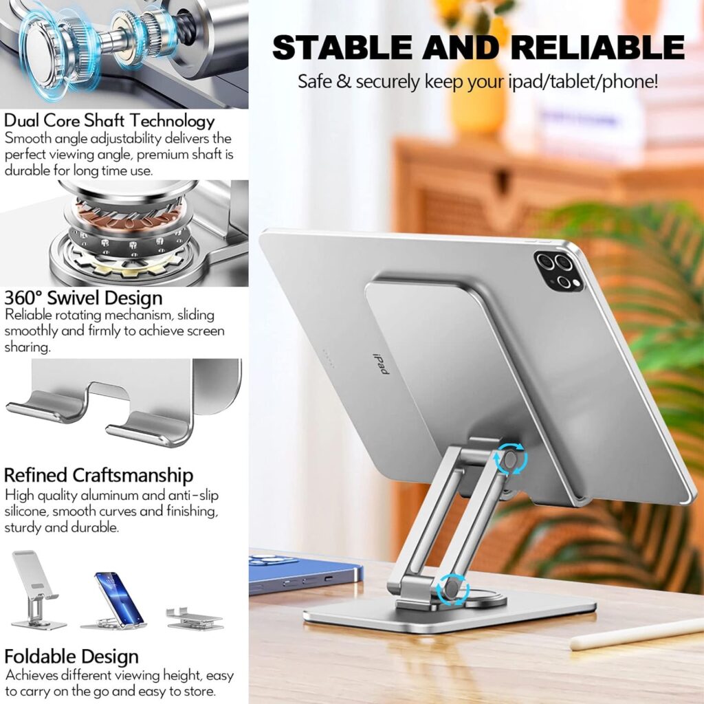 ZXK CO Tablet Stand, Adjustable Desktop Stand Holder Dock with 360 Rotating Base, Foldable Tablet Stand for Phones and Tablets Such as iPad, Air, Mini 4 3 2, Kindle, Nexus, Tab, E-Reader (4-13)