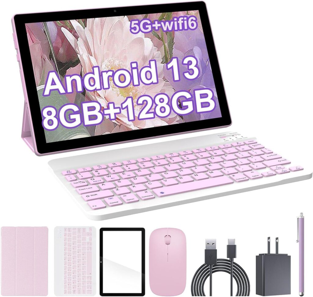 2024 Newest Android 13 Tablet with Keyboard 10 Inch 2 in 1 Tablets, 8GB RAM+128GB ROM/1TB Expandable Tablet PC, Quad-Core 2.0GHz CPU 10 HD Screen, 2.4G/5G WiFi 6 BT 5.0 Tableta with Case Mouse Stylus
