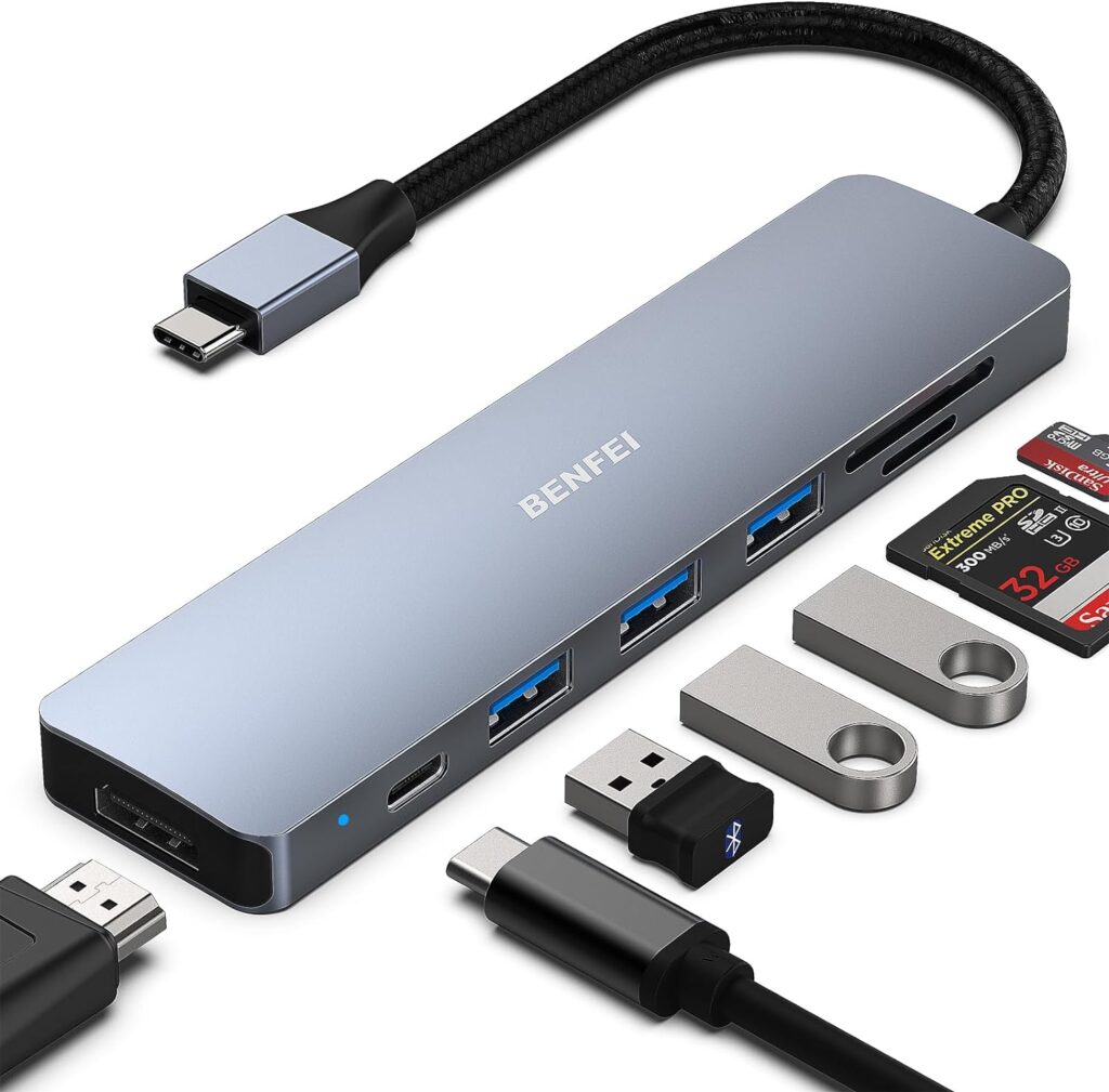 BENFEI 7in1 USB C Multiport Adapter with HDMI, SD/TF Card Reader, 3x USB 3.0, 60W Power Delivery, Compatible with iPhone 15 Pro/Max, MacBook, iPad Pro, iMac, S23, XPS17