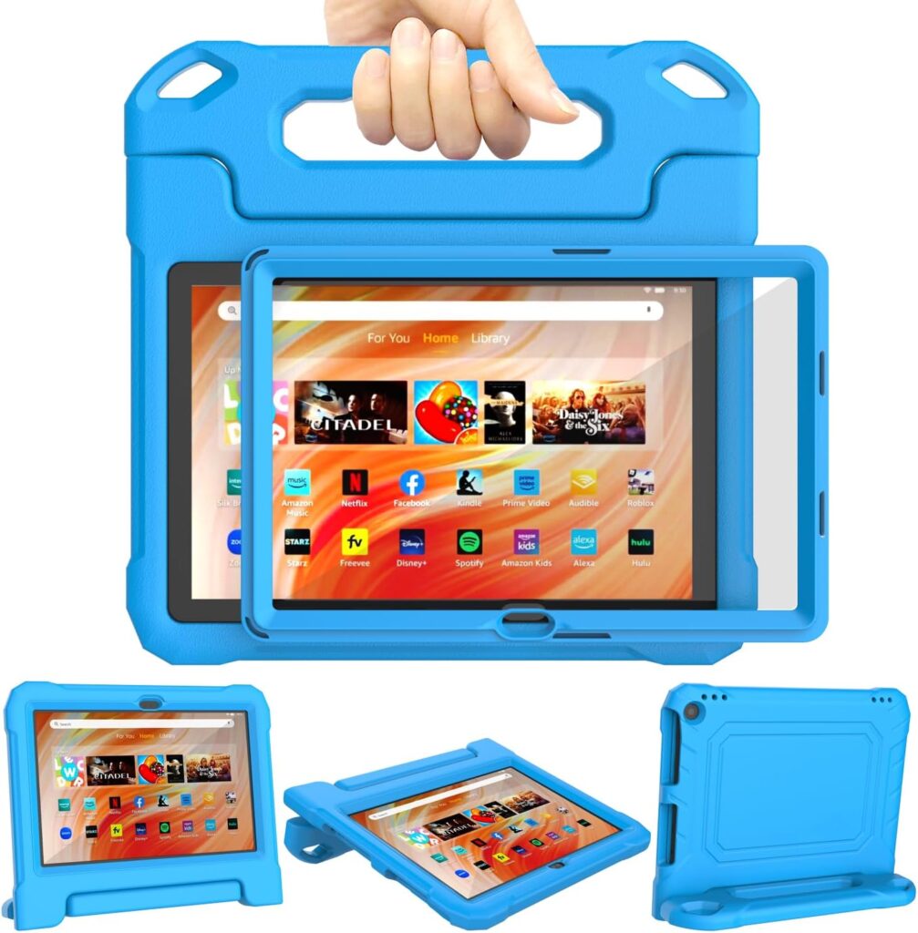 Fire HD 10  Fire HD 10 Plus Tablet Case for Kids (13th/11th Generation, 2023/2021 Release), DJRPPQ Lightweight Shockproof Case Built-in Screen Protector with Handle Stand, Not fit iPad Samsung- Blue