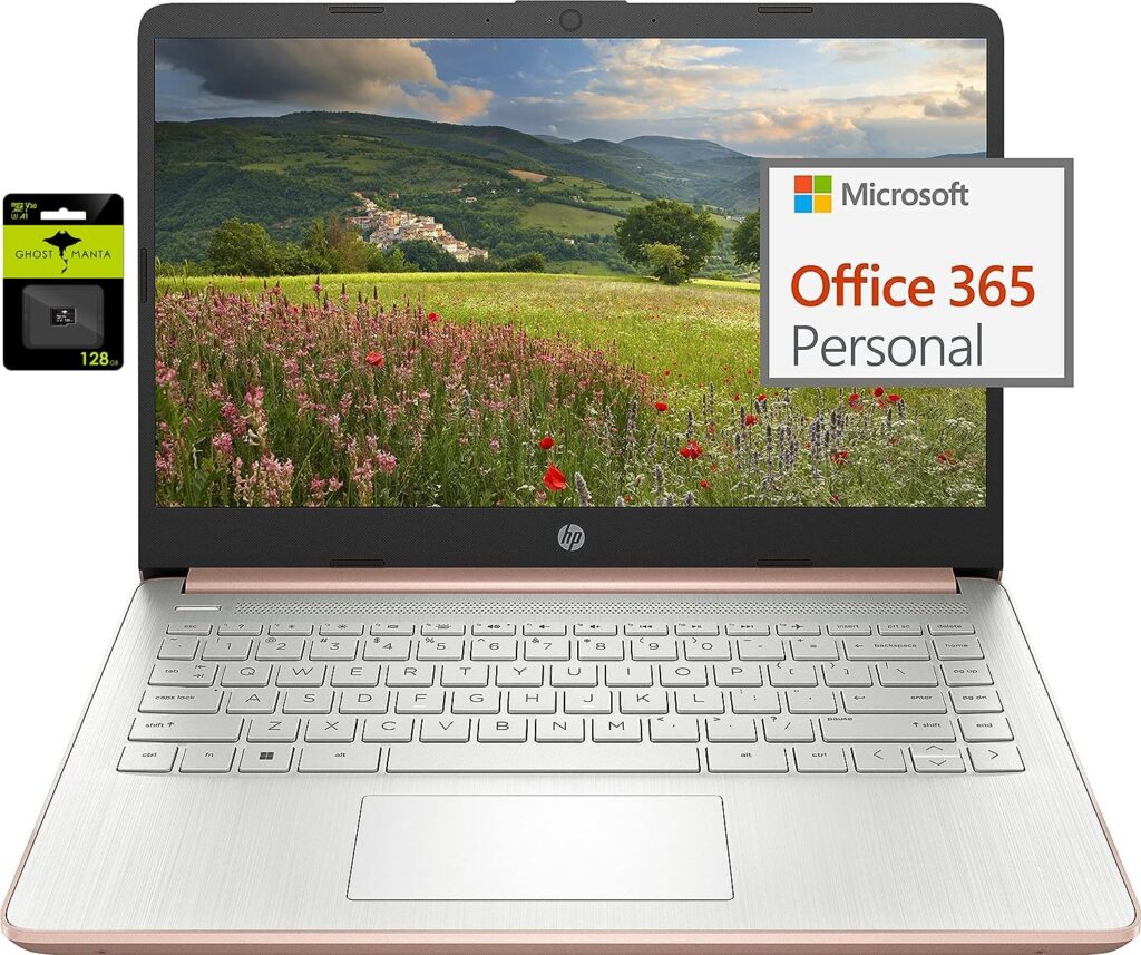 HP Newest 14 Ultral Light Laptop for Students and Business, Intel Quad-Core N4120, 8GB RAM, 192GB Storage(64GB eMMC+128GB Ghost Manta SD), 1 Year Office 365, Webcam, HDMI, WiFi, USB-AC, Win 11 S