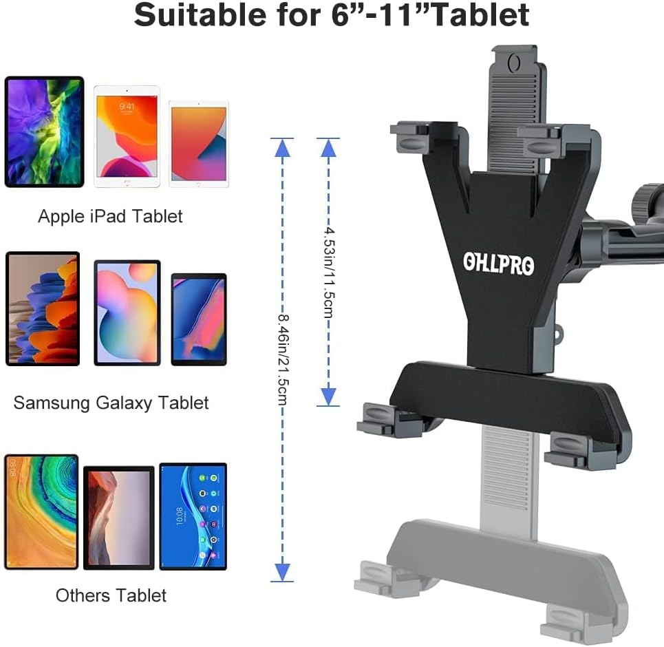OHLPRO Tablet Holder for Car Dashboard, iPad Car Suction Cup Mount for Truck Windshield Vent with Flexible Arm Clip, for All 6-11 Apple iPad Samsung Galaxy Tab Tablets, 360° Rotation, Black
