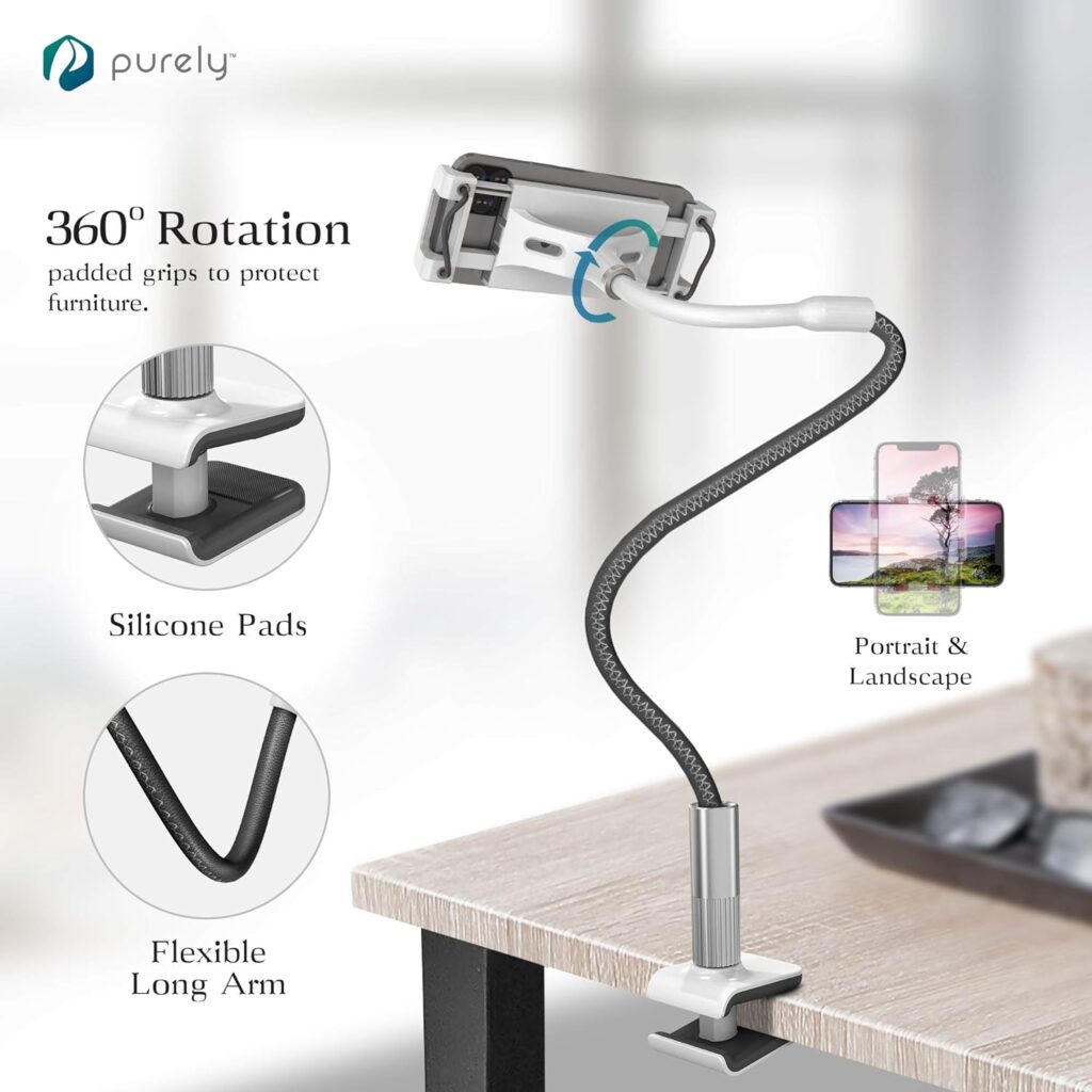 Purely Gooseneck Phone  Tablet Holder Deluxe | 39” Flexible Arm, Clip Mount 4 to 12.9 Devices - Compatible with iPhone, iPad, Galaxy Tab - Desk, Bedside, Headboard Stand