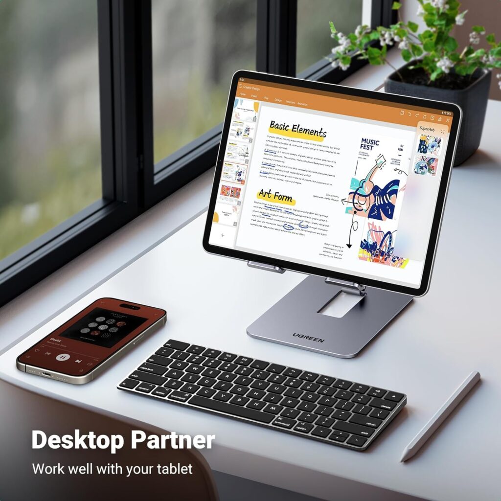 UGREEN Tablet Stand for Desk Adjustable Aluminum Tablet Holder Portable Stand Foldable Home Office Desk Accessories Compatible with iPad Pro 12.9 iPad Air Mini 6 5