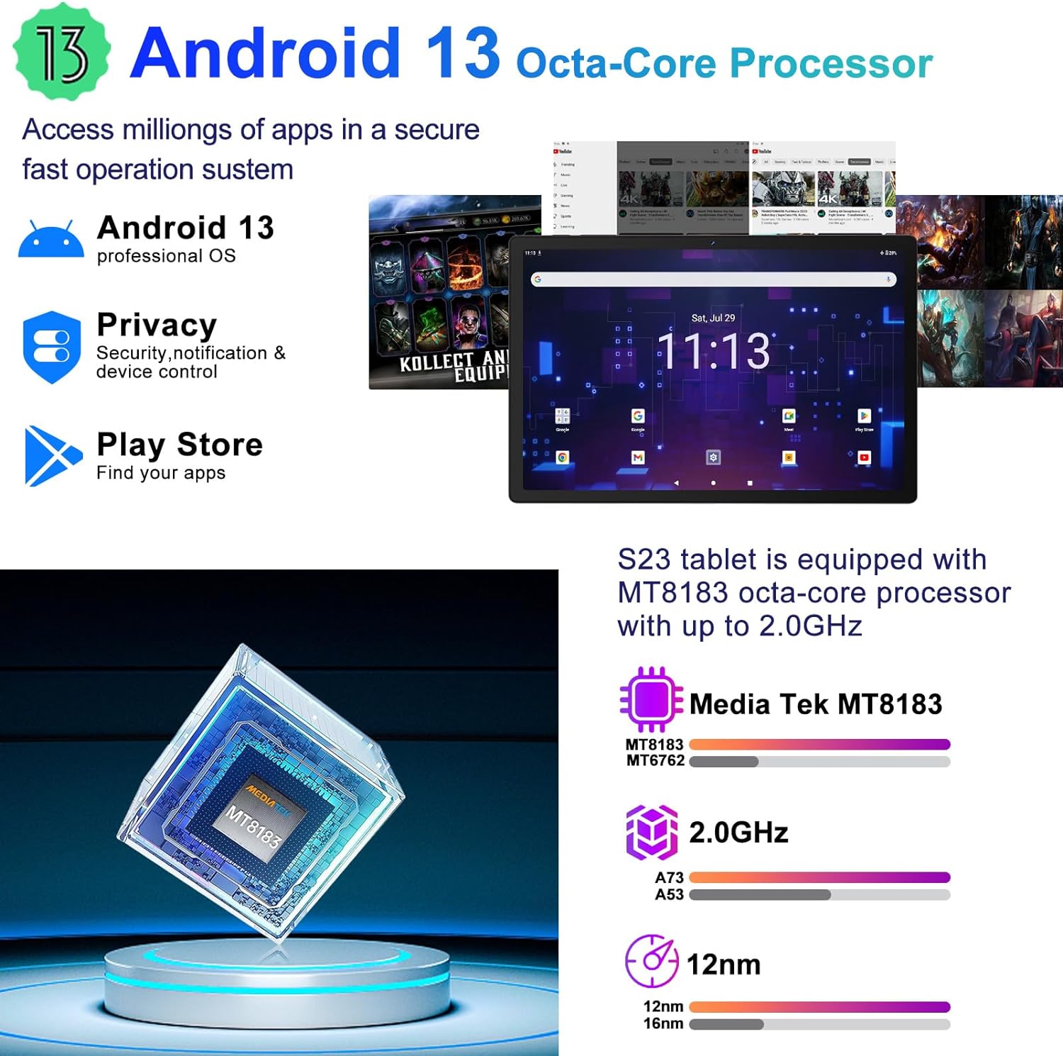 SEBBE Tablet 11 Inch Android 13 Screen 2K Tablet Octa-Core 2.0 GHz,16GB RAM+256GB ROM+TF 1TB /2000 * 1200 Pixel/8MP+20MP+2MP Macro/10000 mAh/5G WiFi Metal Cover with Mouse Keyboard Silver