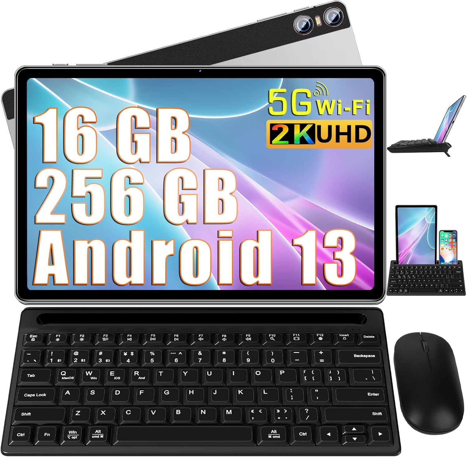 SEBBE Tablet 11 Inch Android 13 Screen 2K Tablet Octa-Core 2.0 GHz,16GB RAM+256GB ROM+TF 1TB /2000 * 1200 Pixel/8MP+20MP+2MP Macro/10000 mAh/5G WiFi Metal Cover with Mouse Keyboard Silver